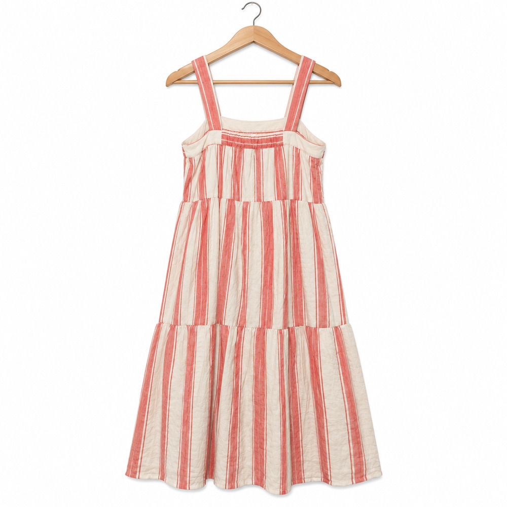 LOFT Sundress Womens Size PM Coral Stripe Tiered Midi Lined Cotton Blend NWT - Picture 2 of 10